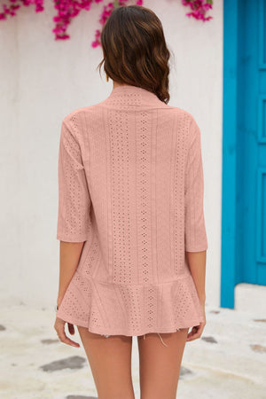 Dusty Pink perforated peplum sleeve cardigan with 3/4 sleeves and a ruffled hem.