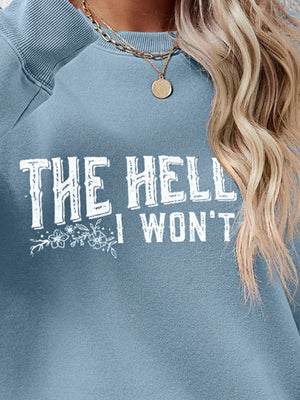 Misty Blue crewneck sweatshirt with white text graphic and floral detail.