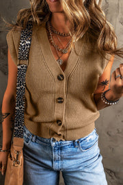 Camel ribbed button-down cardigan vest with V-neck and short sleeves.