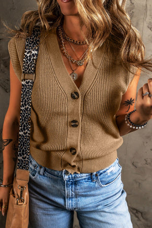 Camel ribbed button-down cardigan vest with V-neck and short sleeves.