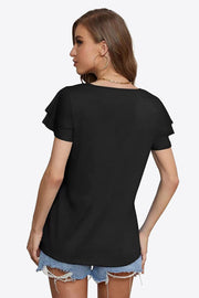 Black tiered sleeve blouse with a keyhole neckline, casual fit