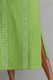 Lime midi dress with white lace trim and side slits