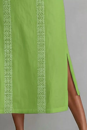 Lime midi dress with white lace trim and side slits