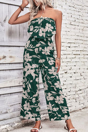 Dark green floral ruffle bandeau palazzo jumpsuit with wide legs.