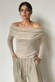 Off-the-shoulder ribbed knit top in Khaki with a draped neckline.