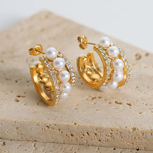 Gold double hoop earrings with pave crystals and pearls