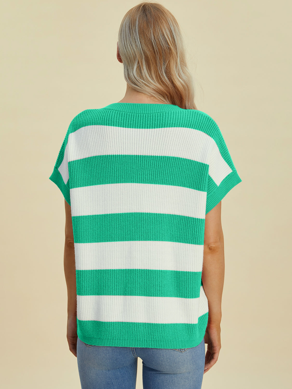 Bold Stripe Cap-Sleeve Knit Top in green and white.