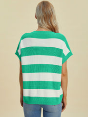 Bold Stripe Cap-Sleeve Knit Top in green and white.