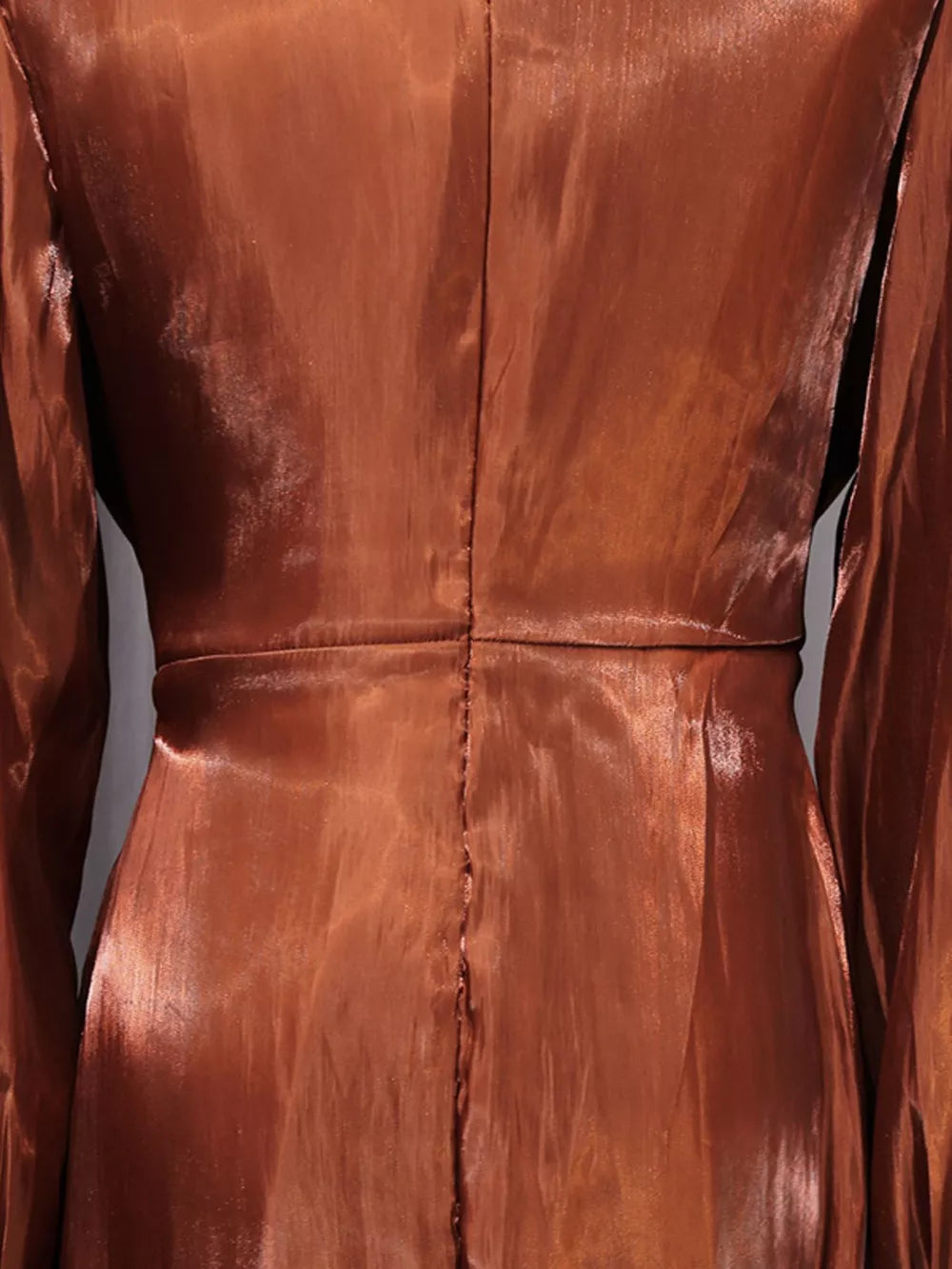 Brown satin maternity maxi dress with ruched bodice and draped detail.