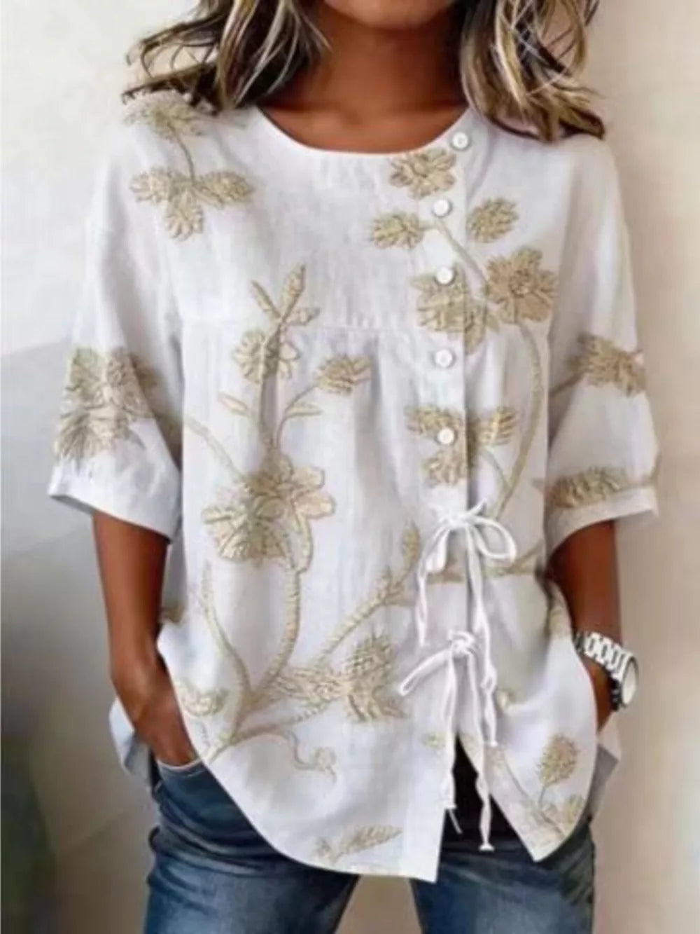 Embroidered Floral Tie Front Shirt Plus Size in Blue, alternate angle