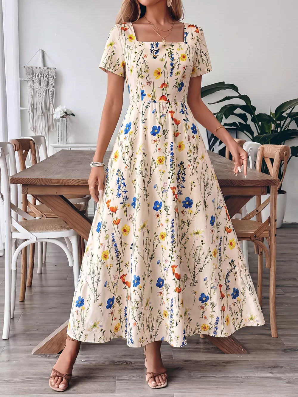 A-line maxi dress with square neckline and short sleeves in a cream floral print.