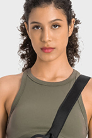 Sage green sculpted neckline crop top with black strap detail