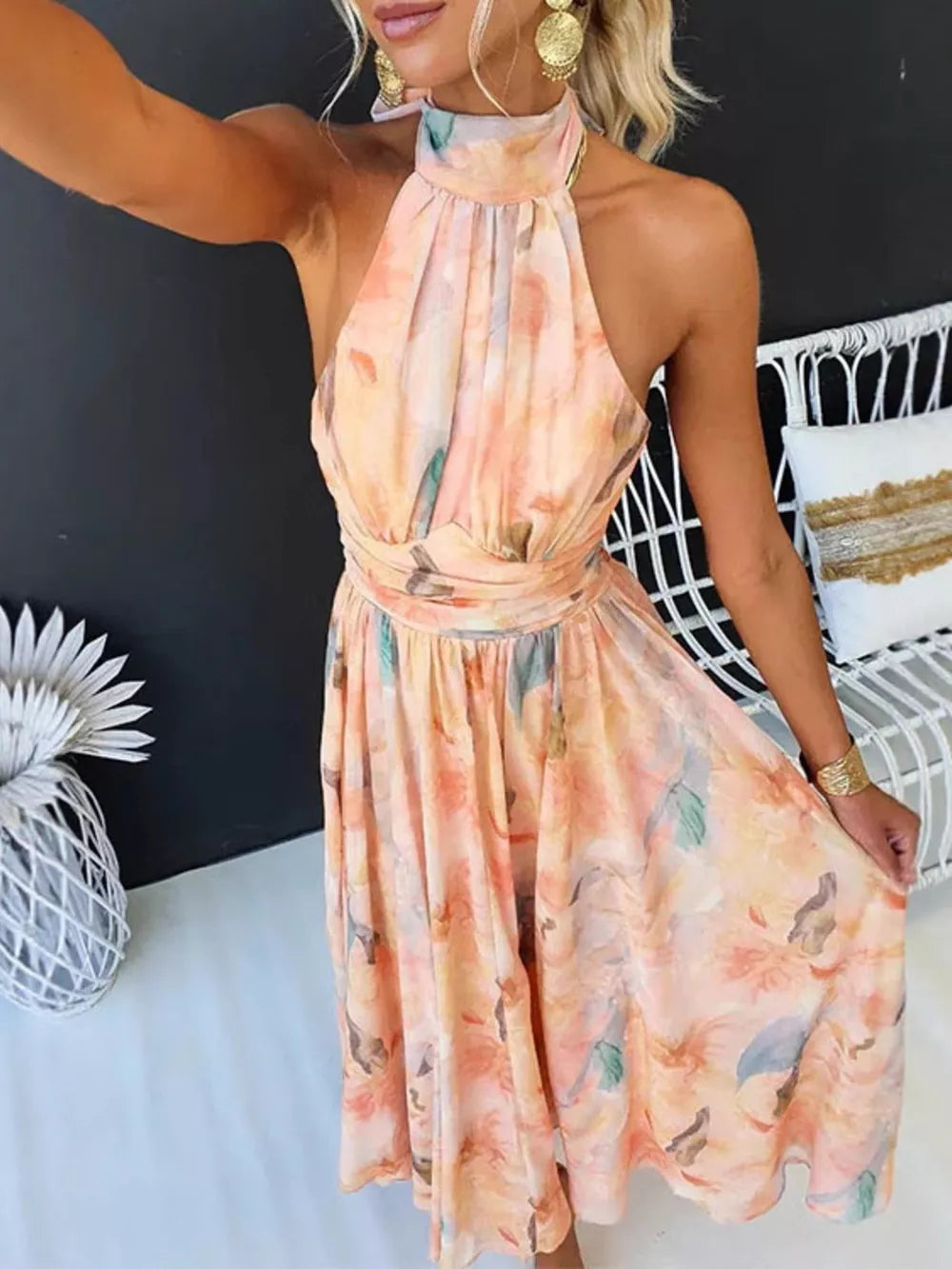 Full Size Halter Neck Floral Maxi Dress in Sherbet, close-up detail