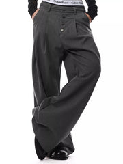 Charcoal pinstripe wide-leg maternity trousers with button-front detail.