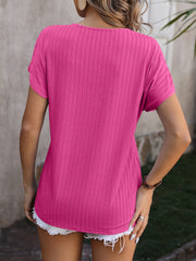 Hot Pink textured tee with short sleeves and a V-neck, casual basic top.