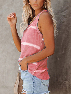 Coastal Stripe Scoop Tank top in burnt coral with white horizontal stripes and a scoop neckline.