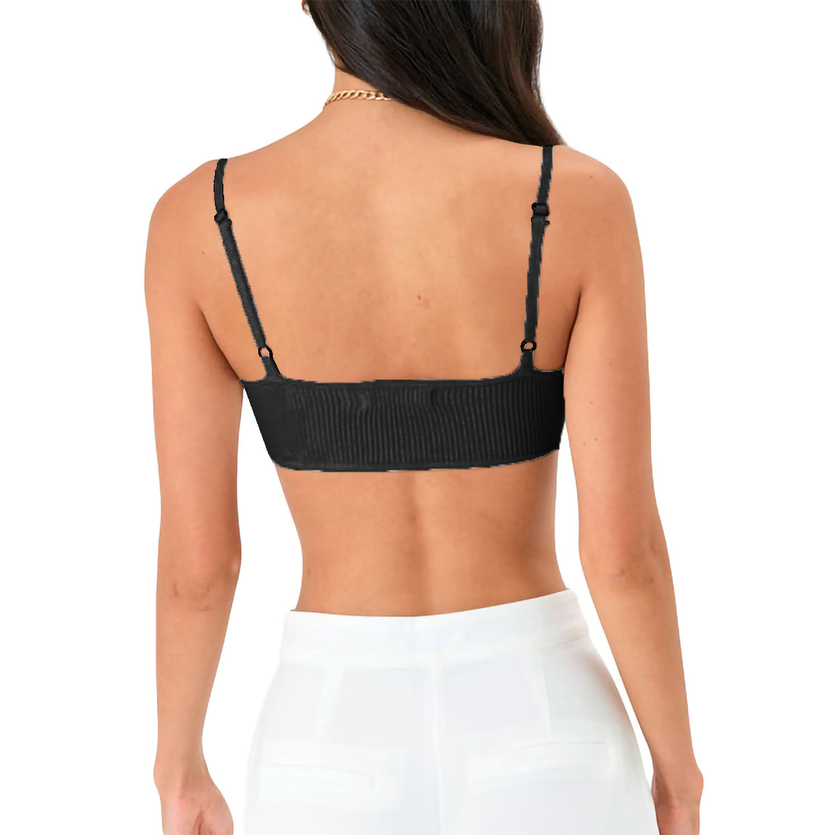 Black ribbed knit bustier with delicate adjustable straps and a bandeau neckline.