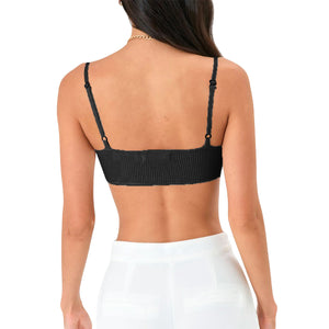 Black ribbed knit bustier with delicate adjustable straps and a bandeau neckline.