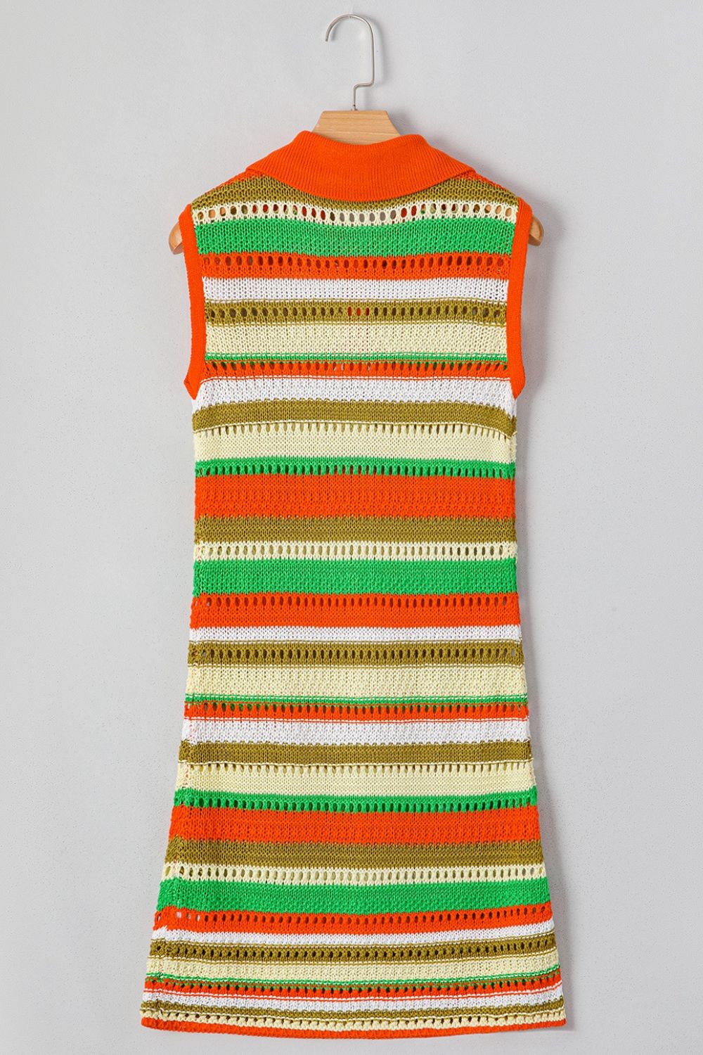Striped crochet polo mini dress with open knit details and orange collar.