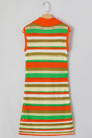Striped crochet polo mini dress with open knit details and orange collar.