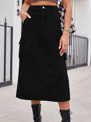 Black denim midi skirt with cargo pockets and a front slit