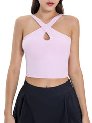 Blush pink halter crop top with keyhole detail and criss-cross straps