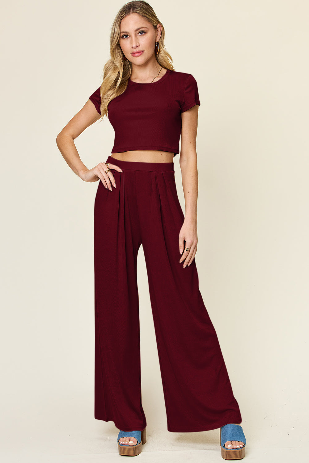 Burgundy cropped tee and wide-leg palazzo pants set with pleats.