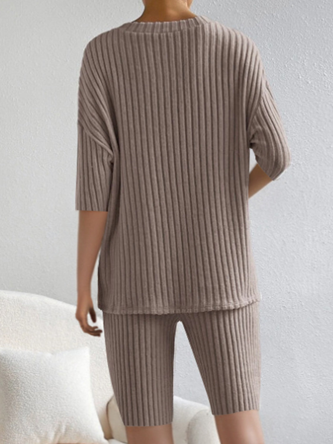 Ribbed loungewear set in mocha with a V-neck top and bike shorts.