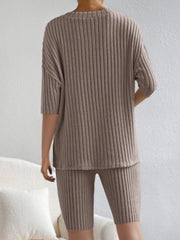 Ribbed loungewear set in mocha with a V-neck top and bike shorts.