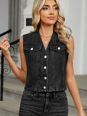 Black denim cropped utility vest with button front and chest pockets