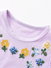 Toddler lavender cotton dress with embroidered floral pattern and crew neck.