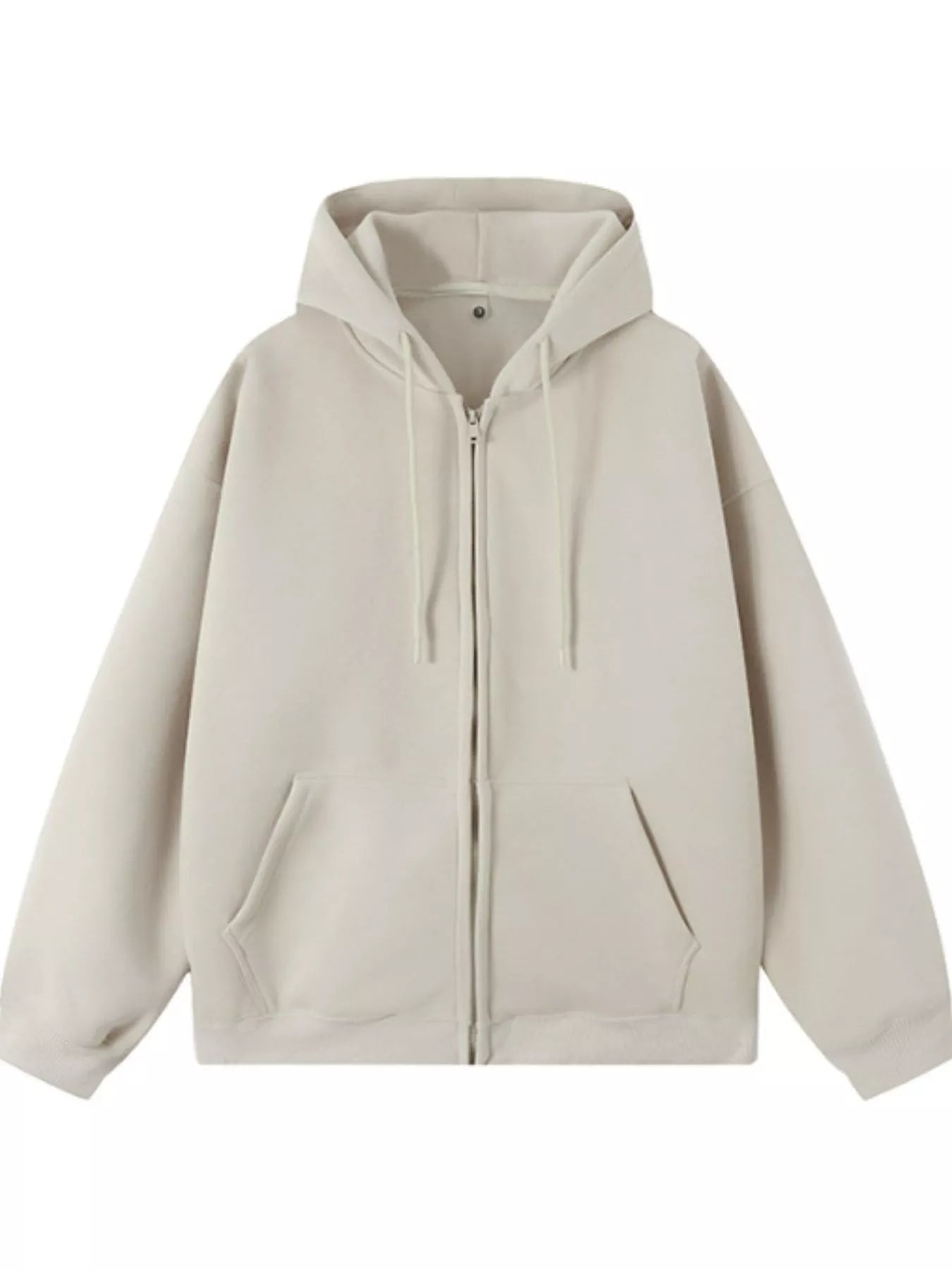 Casual loose fit zip-up hoodie in apricot with drawstring hood and front pockets.