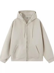 Casual loose fit zip-up hoodie in apricot with drawstring hood and front pockets.