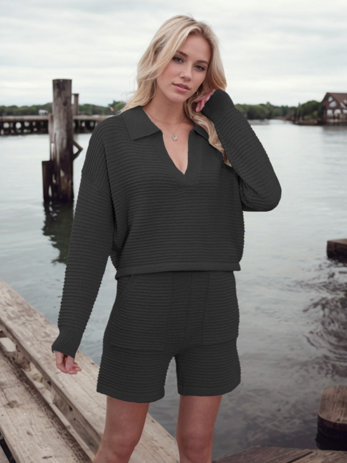 Textured knit polo short set in dark brown with collared neckline and short shorts.