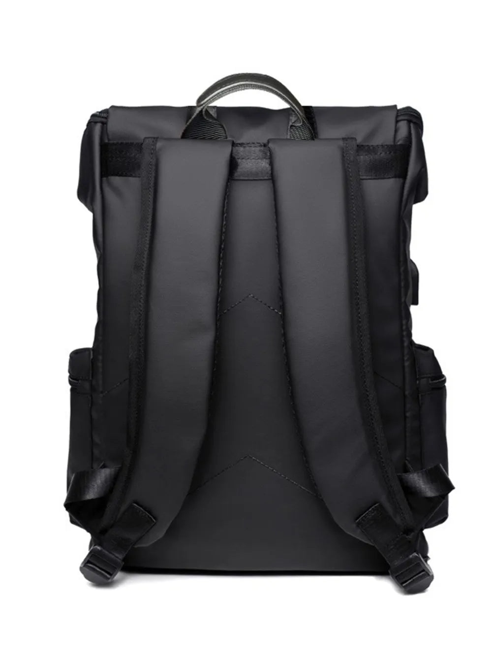 Black tech-utility backpack with padded adjustable straps and contrast zips.