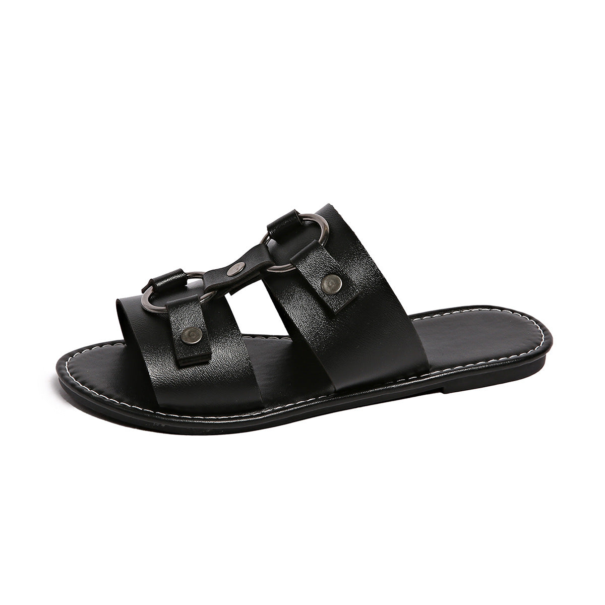 Black PU leather slide sandals with buckled straps and metal rings.