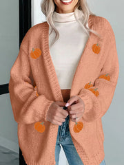 Embroidered pumpkin midi cardigan in sherbet with an open front and long sleeves.