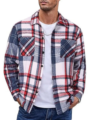Men's red and blue plaid button-up shirt with pockets