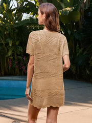 Tan crochet beach cover-up dress with short sleeves and a scalloped hem.