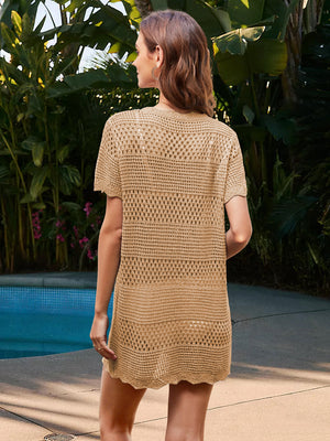 Tan crochet beach cover-up dress with short sleeves and a scalloped hem.