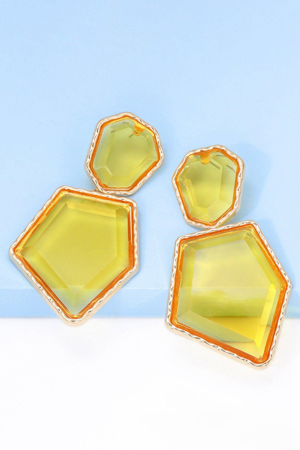 Yellow resin facet drop earrings with gold trim