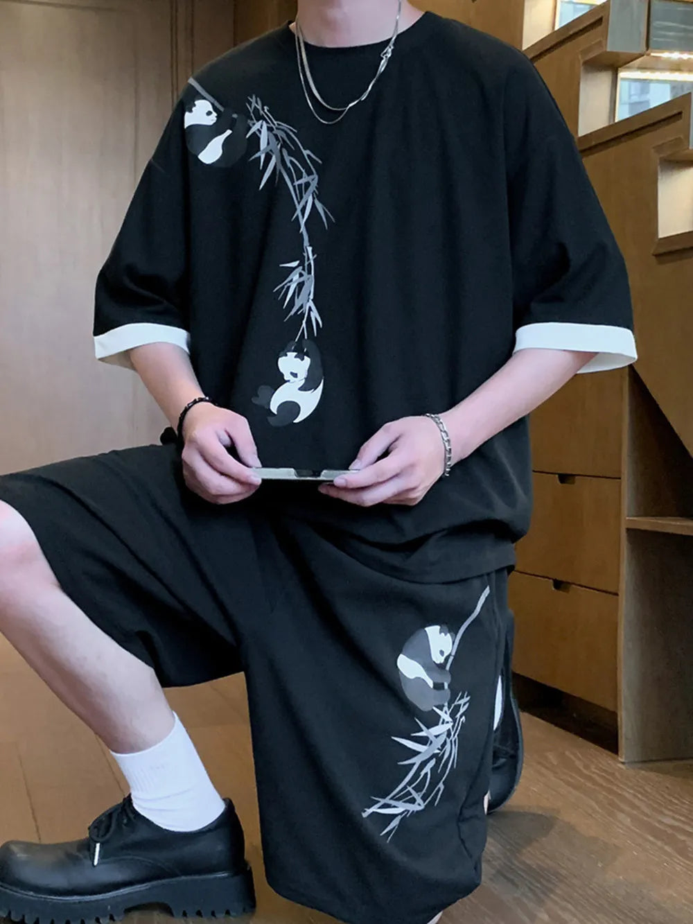 Men's Full Size Panda Bamboo Print Tee And Shorts Set in White, model styling view