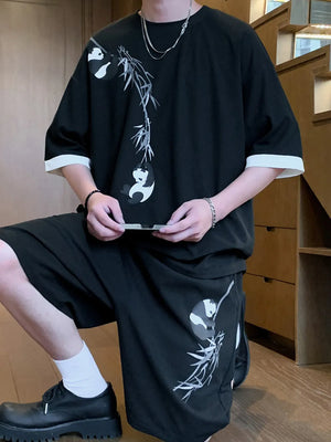 Men's Full Size Panda Bamboo Print Tee And Shorts Set in White, model styling view
