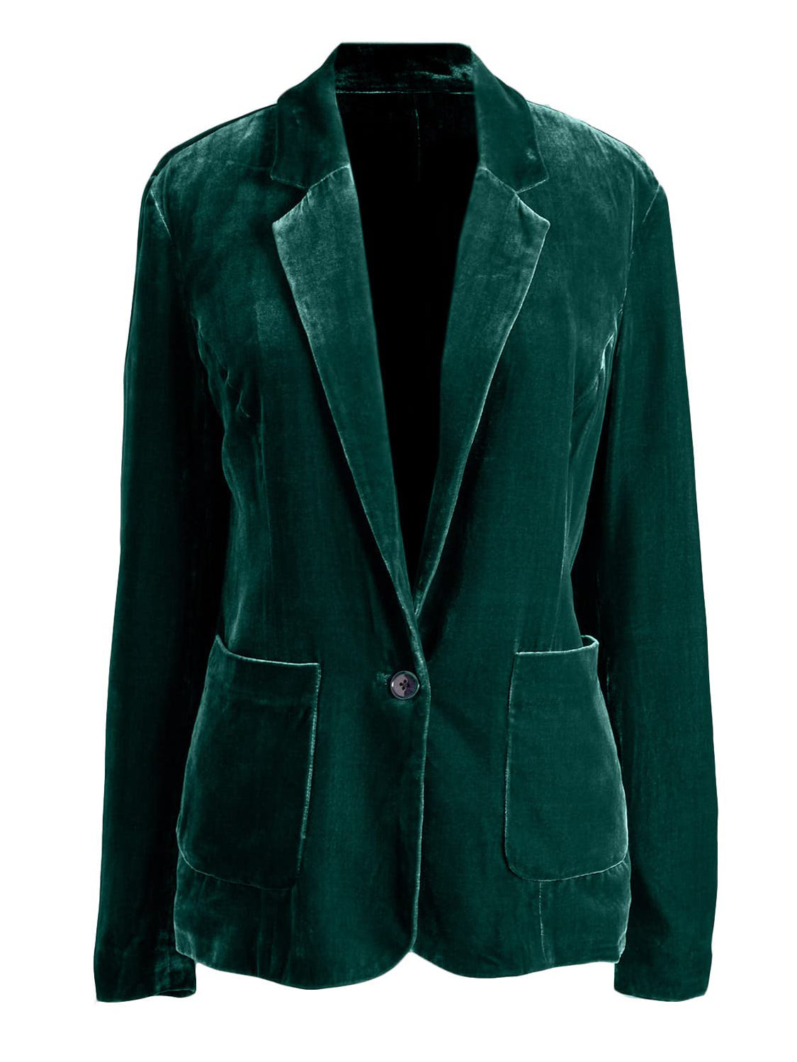 Dark green velvet blazer with buttoned front and patch pockets.