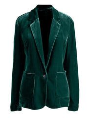 Dark green velvet blazer with buttoned front and patch pockets.