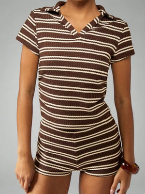 Chic striped knit two-piece set in Coffee Stripes with a collared top and shorts.