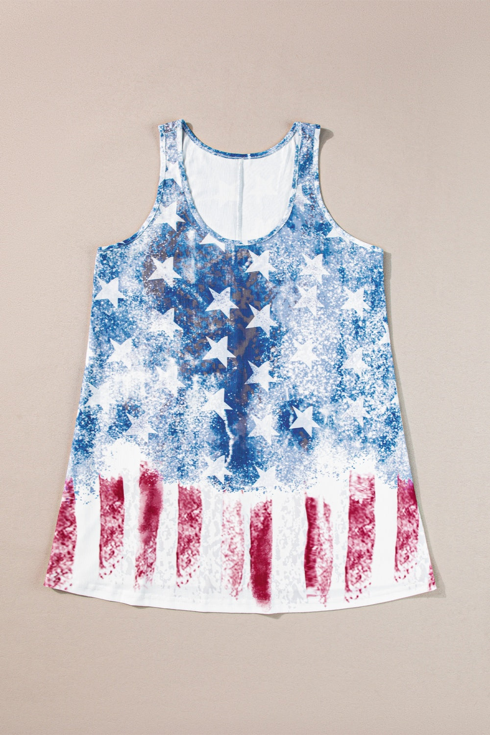 Distressed Americana tank top in dusty blue with stars and stripes print.