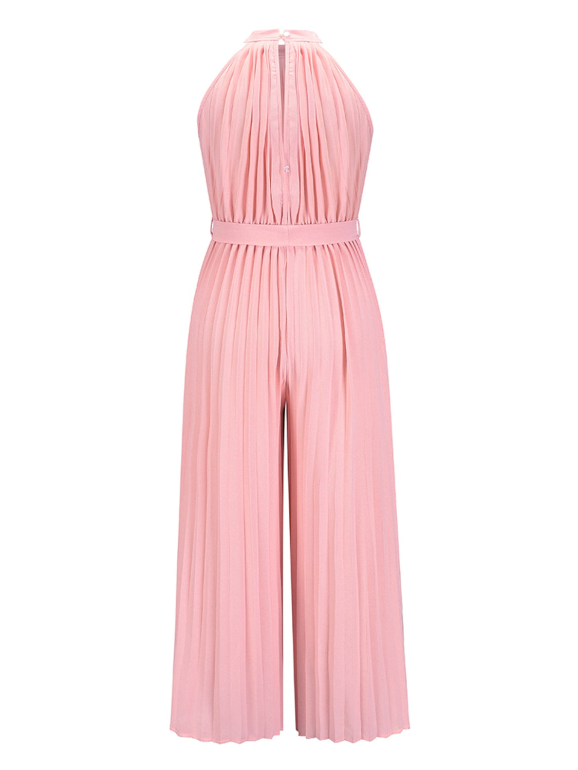 Blush pink pleated palazzo jumpsuit with halter neckline and belted waist.