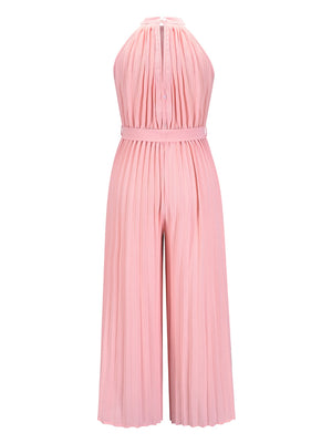 Blush pink pleated palazzo jumpsuit with halter neckline and belted waist.