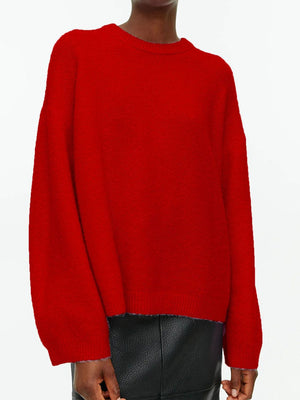 Oversized crewneck sweater in Deep Red brushed knit with crew neckline and long sleeves.
